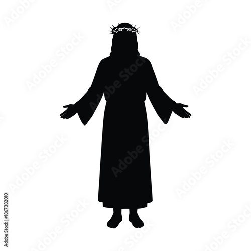 A silhouette of a religious figure with outstretched arms standing against a white background