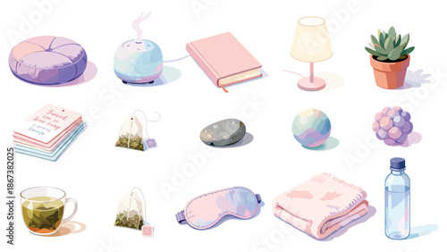 Serene Lifestyle Elements and Personal Care Items Illustrations on White Background