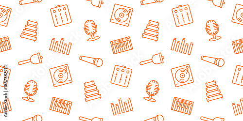 Seamless music pattern with musical instrument icons, studio equipment, microphone, turntable, keyboard, and equalizer. Vector background for podcast, dj, and audio production designs