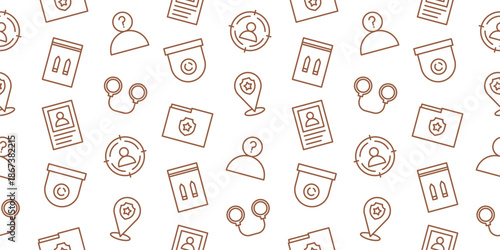 Seamless detective and criminal investigation pattern with linear icons of handcuffs, evidence files, suspect profile, location pin, and police badge. Vector background for law and justice