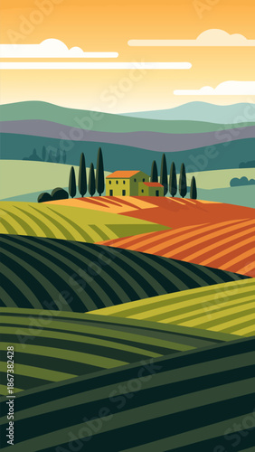Vector illustration of a Tuscan landscape with rolling hills, vineyards, and a farmhouse under a warm, sunlit sky