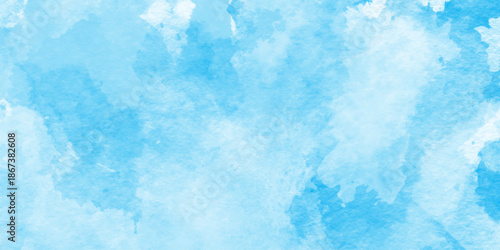 Abstract blue watercolor shades blurry and defocused cloudy Sky background, light turquoise color hand drawn frame illustration, smeared light turquoise frame, Soft light blue watercolor background.