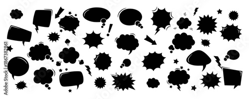 Collection of black comic book speech bubbles thought bubbles and explosion shapes white