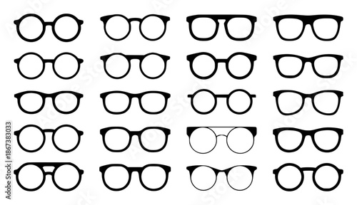 Collection of black framed eyeglasses with various lens shapes and styles spectacles eyewear