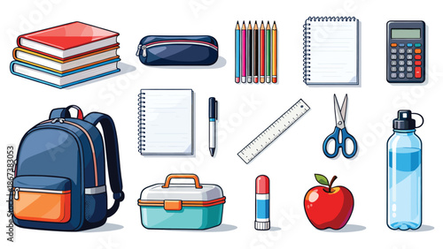 A collection of school supplies including backpack, books, and stationery arranged neatly on a clean background