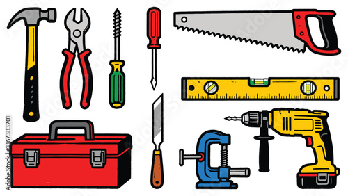 Various carpentry tools neatly arranged on a clean white background showcasing different hardware equipment