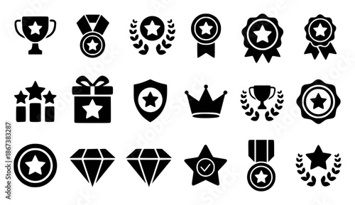 Collection of black including trophies medals ribbons crowns diamonds and gift boxes trophy