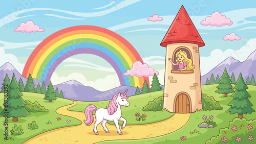 Fantasy unicorn, magical tower, rainbow sky, enchanted forest, fairy tale scene, kids theme, dreamy landscape, flat vector illustration