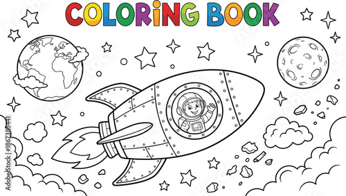 Astronaut in rocket ship, outer space, planets, stars, moon, Earth, coloring book page, kids activity, flat vector illustration