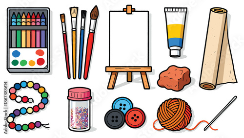 Assorted art supplies and craft materials arranged on a clean white background for creative hobbies