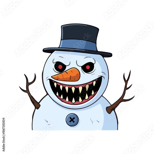 snowman vector 2d 3d rendering Evil Creepy Snowman with Sharp Teeth and Red Eyes