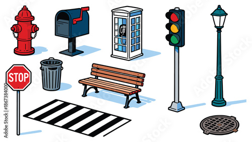 Urban street scene with bench, traffic light, and fire hydrant in a city environment viewed from the front.