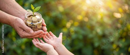 Child’s hands receive money jar with coins savings and tiny plant from adult, sunny greenery background with copy space