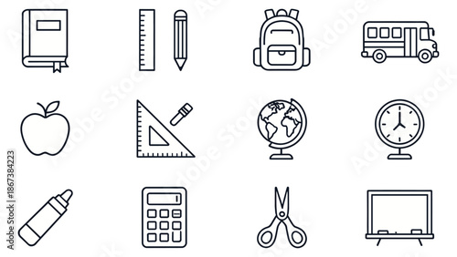 Various educational icons representing school supplies and learning tools displayed on a plain background