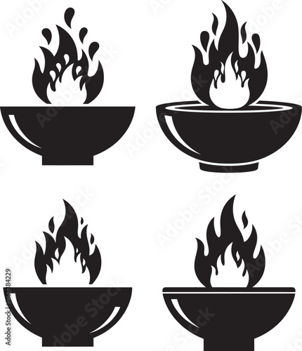 Four silhouettes of fire bowl flame illustration
