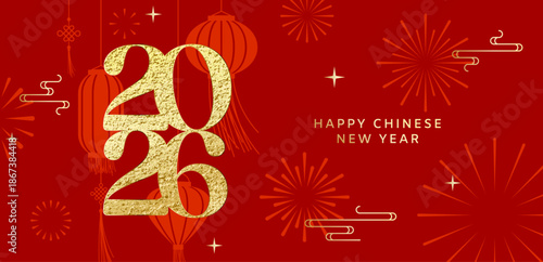 Chinese New Year 2026 banner, gold number, red background