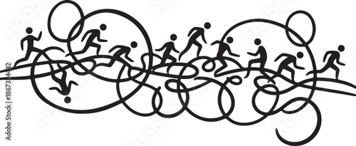 Runners in Motion with Abstract Twirling Lines and Shapes