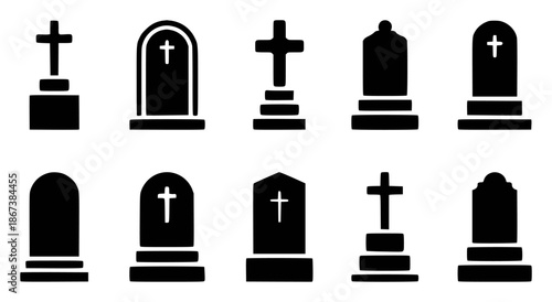 Collection of black silhouette gravestones and crosses white tombstone cemetery
