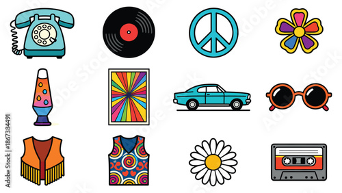 Vibrant collection of retro icons representing the 1960s counterculture movement through various symbolic illustrations