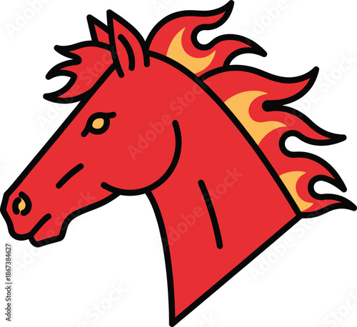 Red horse head with fiery mane cartoon illustration.