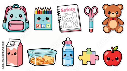 Collection of educational and playful objects including school supplies and healthy snacks on a clean white background