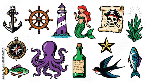 Tattoo designs featuring nautical elements and sea creatures in an illustrative style