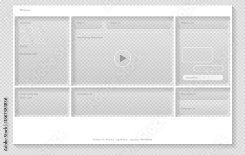 Contemporary vector glassmorphism web interface with transparent buttons and frosted panels for website design and landing pages, featuring media playback blocks, streaming dashboard elements