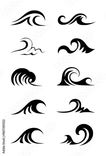 Collection of black stylized wave white water ocean