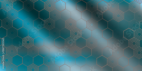 Hexagon geometric blue green color neon light pattern science dark background. Abstract graphic design technology and medical concept.
