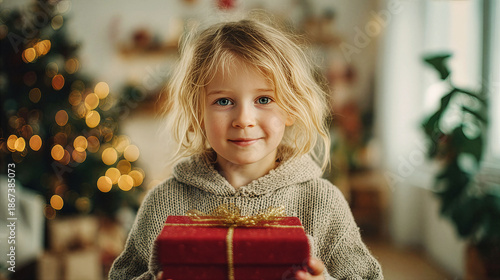 Smiling little girl sitting on a sofa at home and holding a gift box. Cozy home interior, happy childhood moment, family warmth, surprise, celebration and joyful emotions. holiday and family concepts