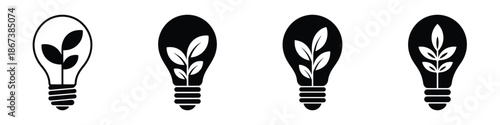 Light bulb with plant icon set – eco innovation, green energy, sustainability, and environmental creativity concept in black silhouette design symbolizing growth, nature, and smart ideas