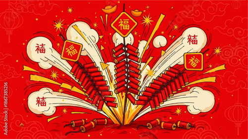 Vibrant Chinese Day Celebration with Fireworks and Cultural Elements