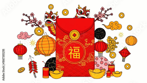 Celebrating a Joyful Chinese Day with Vibrant Red Envelopes and Lanterns