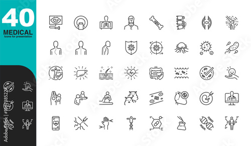 Set of forty medical icons in line art style with green header