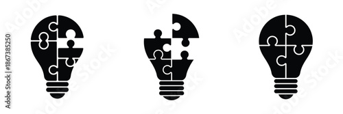 Light bulb puzzle icon set – creative problem solving, innovation, teamwork, and idea development concept in black silhouette design symbolizing intelligence, strategy, and inspiration