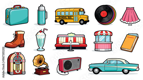 Vintage objects from the 50s displayed in a flat lay on a white background including a car, camera, and musical elements