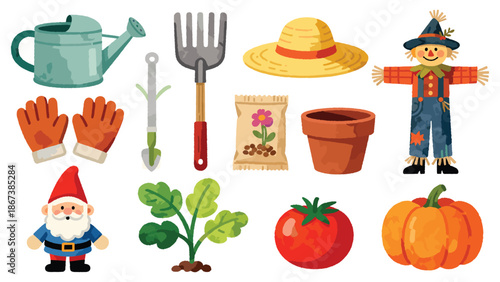 Gardening tools and decorations arranged on a white background with a scarecrow and pumpkin
