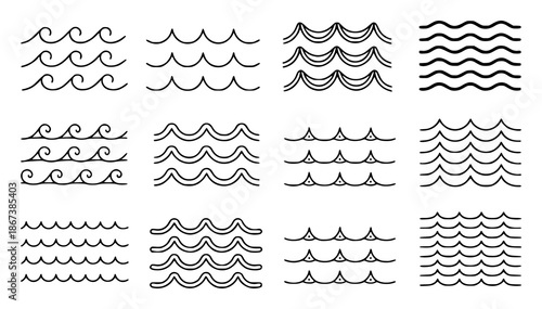 Collection of different black and white hand drawn wave and patterns water ocean