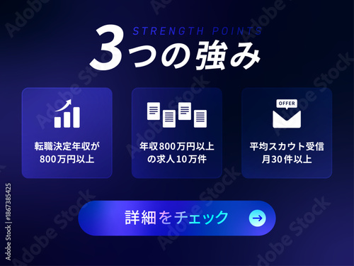 ディープバイオレットとエレクトリックシアンのグラデーション、「3つの強み」を示すアイコン付きカードと発光CTAボタンの近未来風UIデザイン