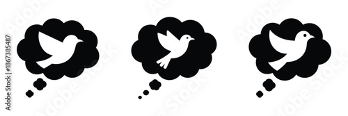 Bird in thought cloud icon set – imagination, freedom, peace of mind, and creative thinking concept in black silhouette design symbolizing dreams, hope, and inspiration