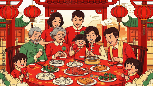 Celebrating a joyful Chinese day with family around a festive dinner table