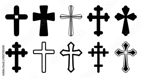Collection of diverse black and white Christian cross and symbols religion