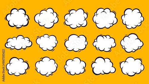 Vector Set of 15 Comic Style Cloud Bubbles. Cartoon Smoke, Dust, or Speech Shapes on Bright Yellow Background. Retro Pop Art Design Elements.