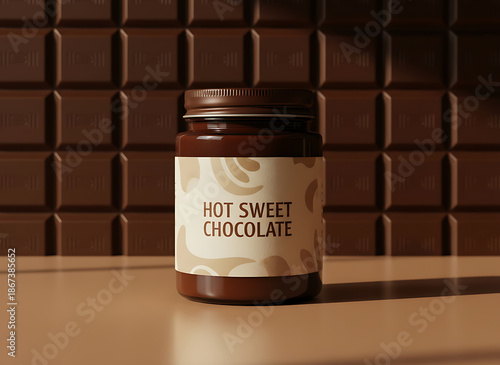 Luxury Dark Brown Glass Jar Mockup with Gold Leaf Pattern Label in Chocolate Themed and Premium Product Presentation on chocolate bar background.