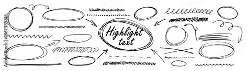 Collection of hand drawn black sketchy circles ovals arrows and lines white