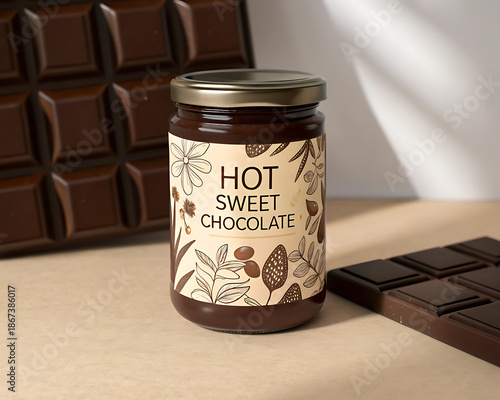 Luxury Dark Brown Glass Jar Mockup with Gold Leaf Pattern Label in Chocolate Themed and Premium Product Presentation on chocolate bar background.