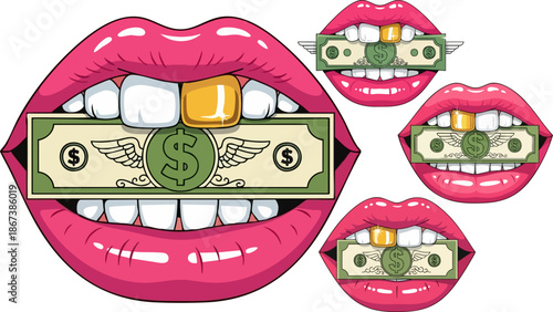 Lips holding money art illustration