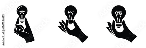 Hand holding light bulb icon set – creativity, innovation, bright idea, and inspiration concept in black silhouette design symbolizing knowledge, imagination, and smart thinking