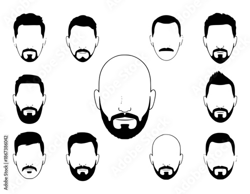 Collection of stylized male faces with diverse beard and mustache styles head silhouette