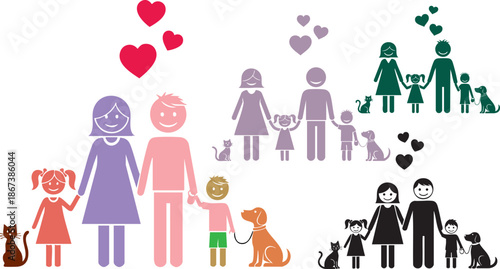 Diverse families with loving pets icons